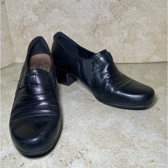 Clarks Shoes - Clarks Black Leather Womens Heeled Loafers Casual Comfort Workwear